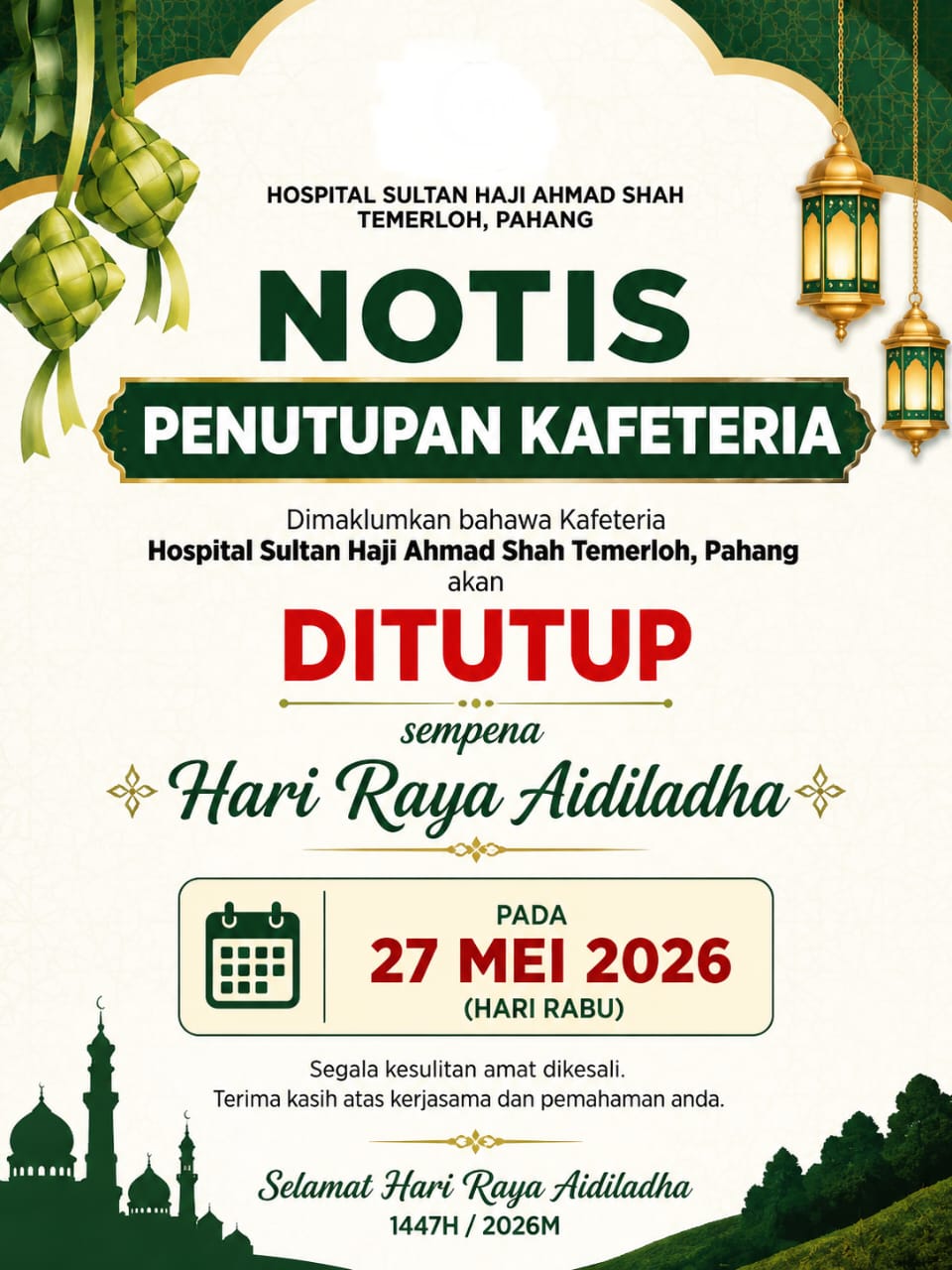 notis penutupan kafetaria 27052026